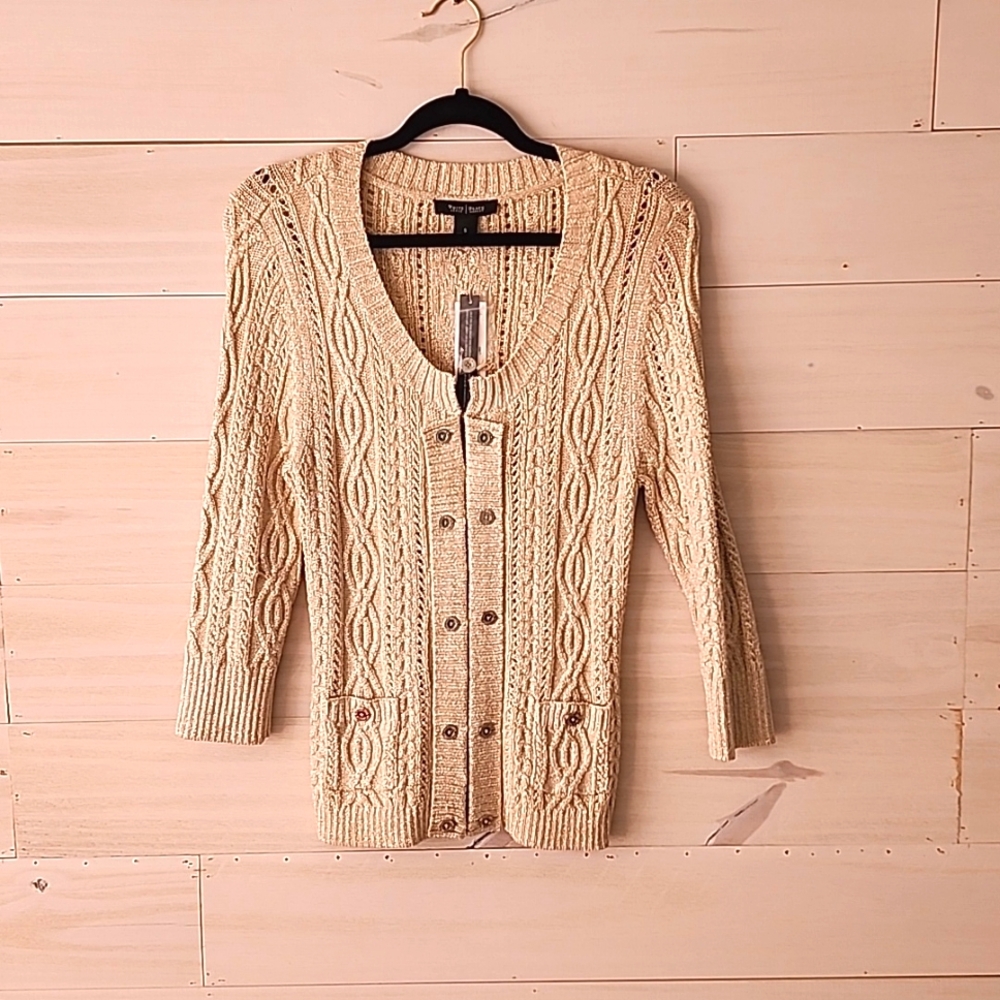 White House Black Market Champagne Beige Gold Shimmer Cable Knit Cardigan Small